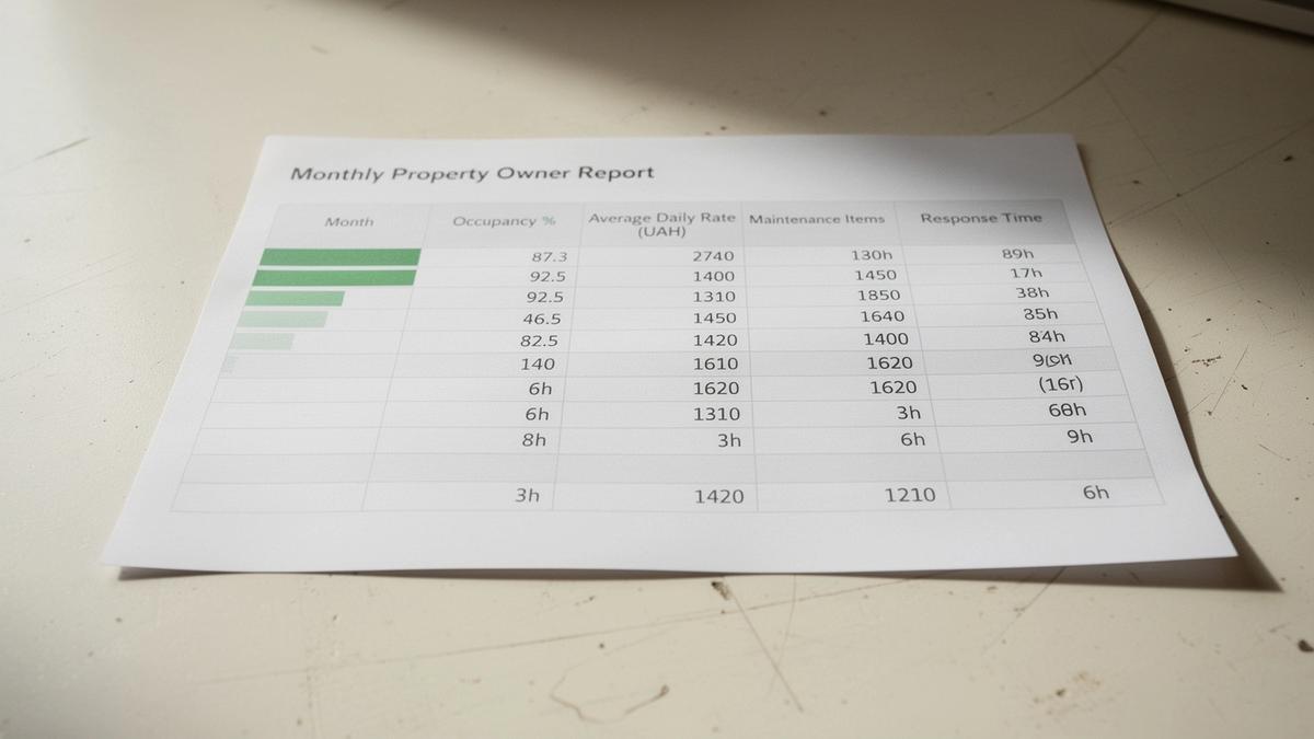Owner report panel listing occupancy, average daily rate, maintenance items and guest response times